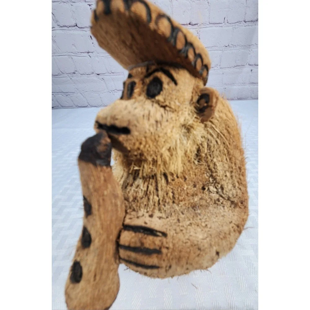 Vintage Hand Carved Coconut Gorilla Wearing Hat & Smoking Pipe Figurine Aruba